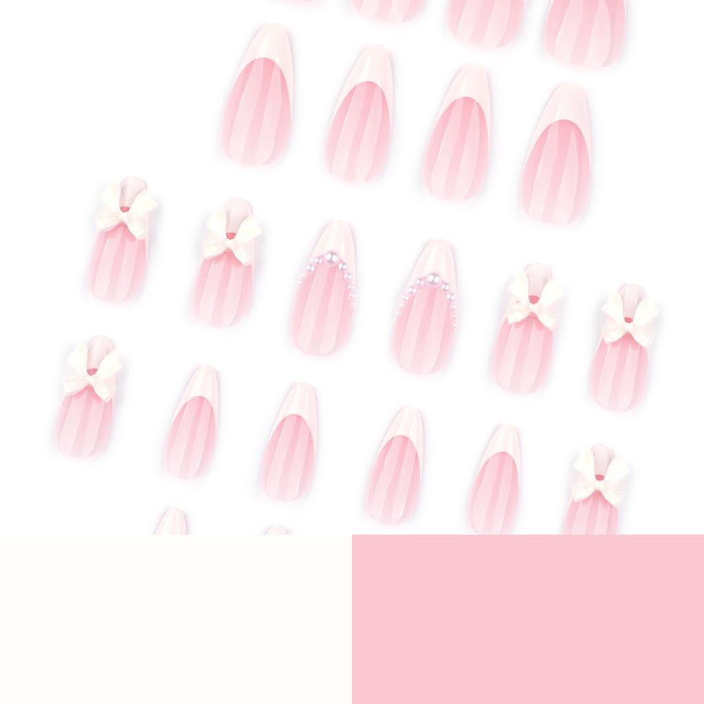 French Style Short Almond False Nails With Bowknot Pearl Rhinestone Decoration 24 Pieces