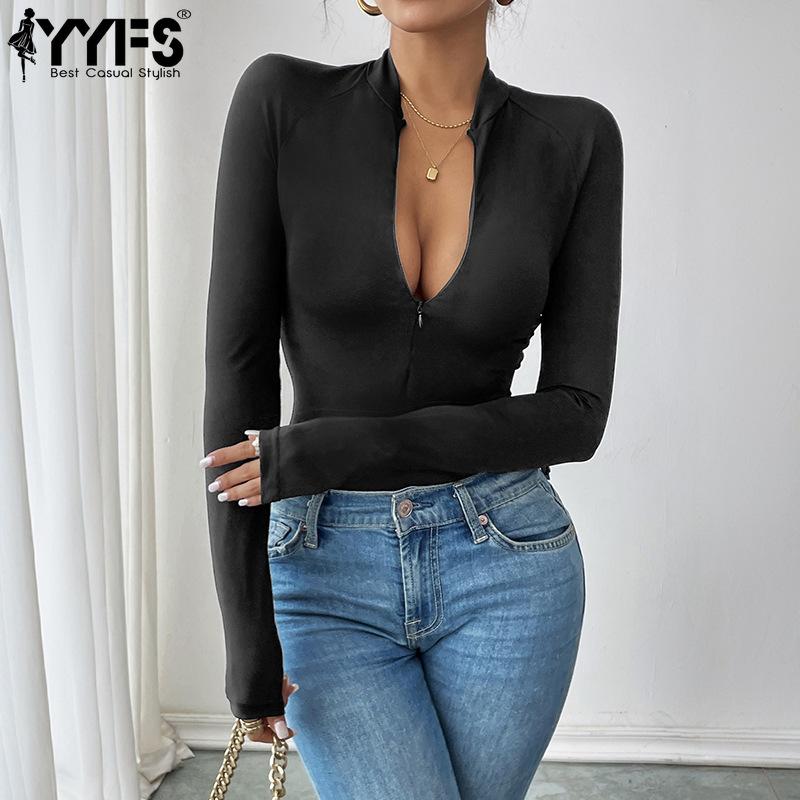 YYFS Женские модные повседневные боди с однотонным принтом весна-осень с длинным рукавом и V-образным вырезом