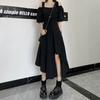 Черное длинное платье женское летнее новое закрывающее живот асимметричное до колена на тонких бретельках