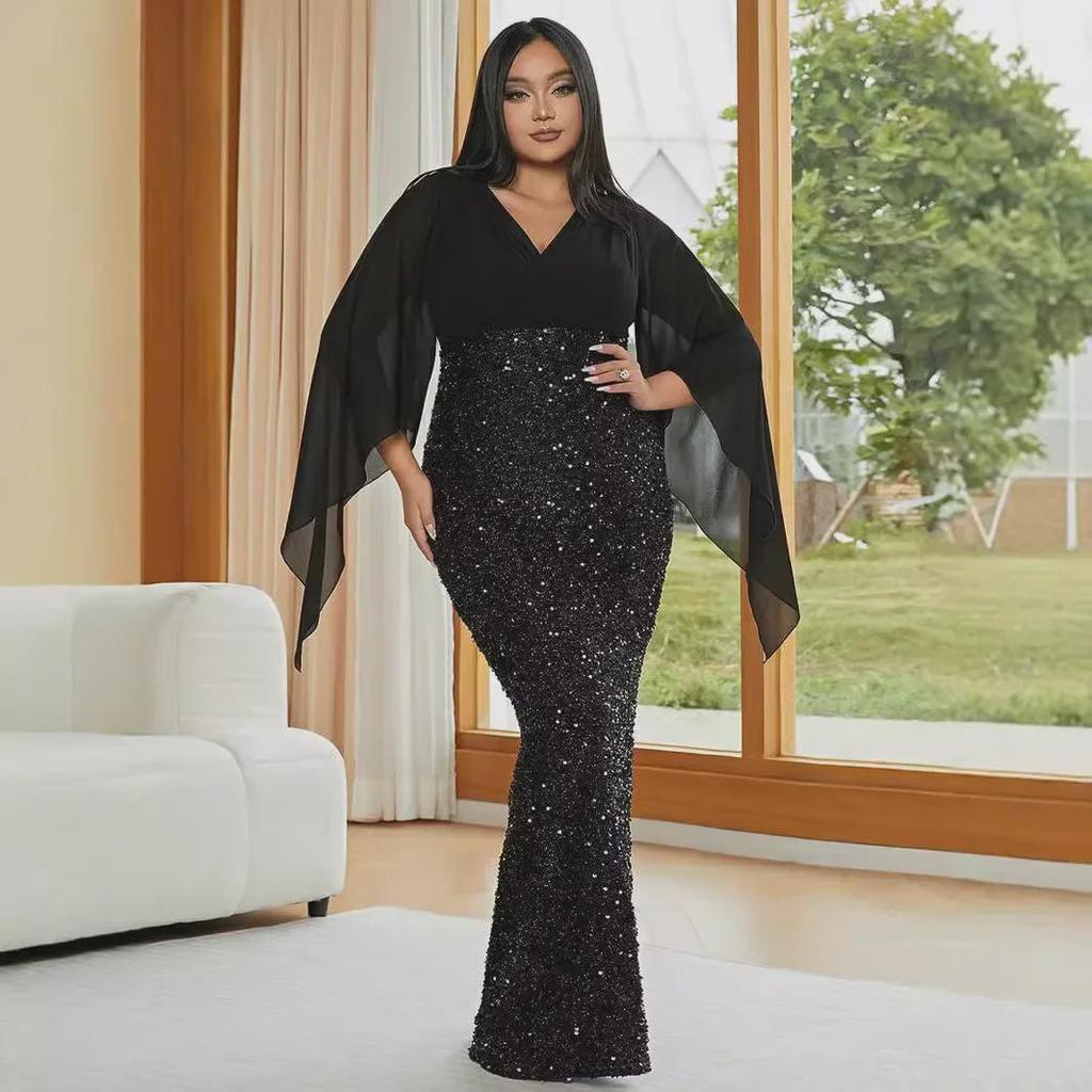 «2025 Элегантное вечернее платье из шифона с V-образным вырезом и пайетками»
