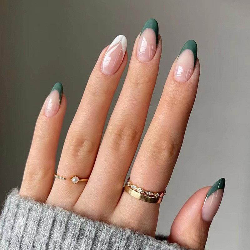Emerald Almond Shape French Nude Manicure Wearable Nails