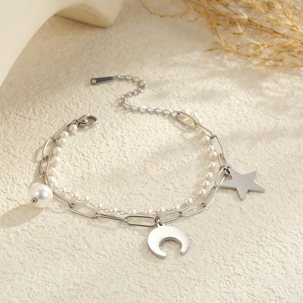 GEMCHIC Women's Double Layer Titanium Steel Bracelet with Star Moon Pendant and Faux Pearl