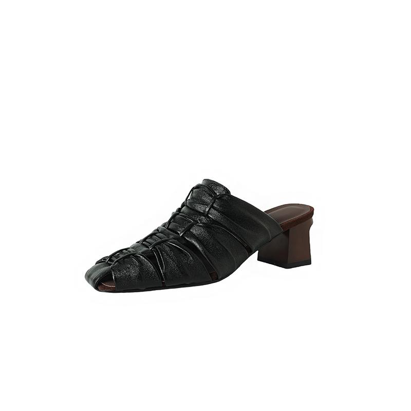 Мода 2025 Лето Новая Натуральная Кожа Ретро Полу-драг Мюли Женские Женские Высокий Каблук Квадратный Носок Повседневная Обувь Женские Шлепанцы