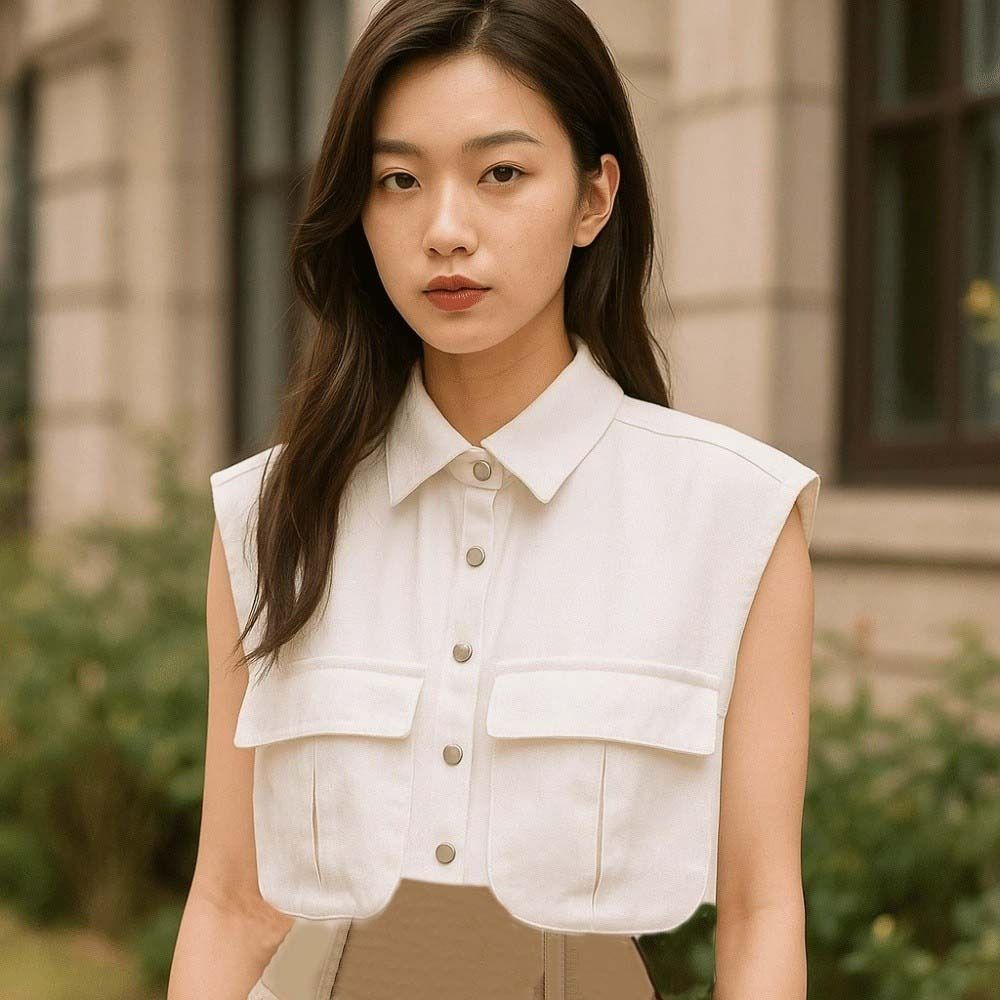 Patchwork Cropped Denim Shirt with Large Pocket Loose Denim Shirts  Commuting Tops