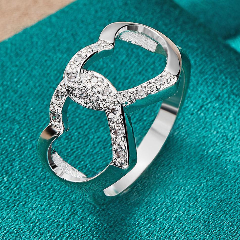 Кольцо из стерлингового серебра 925 пробы с двойным сердцем и цирконом 7, 8, 9, 10 для женщин, модные очаровательные ювелирные изделия