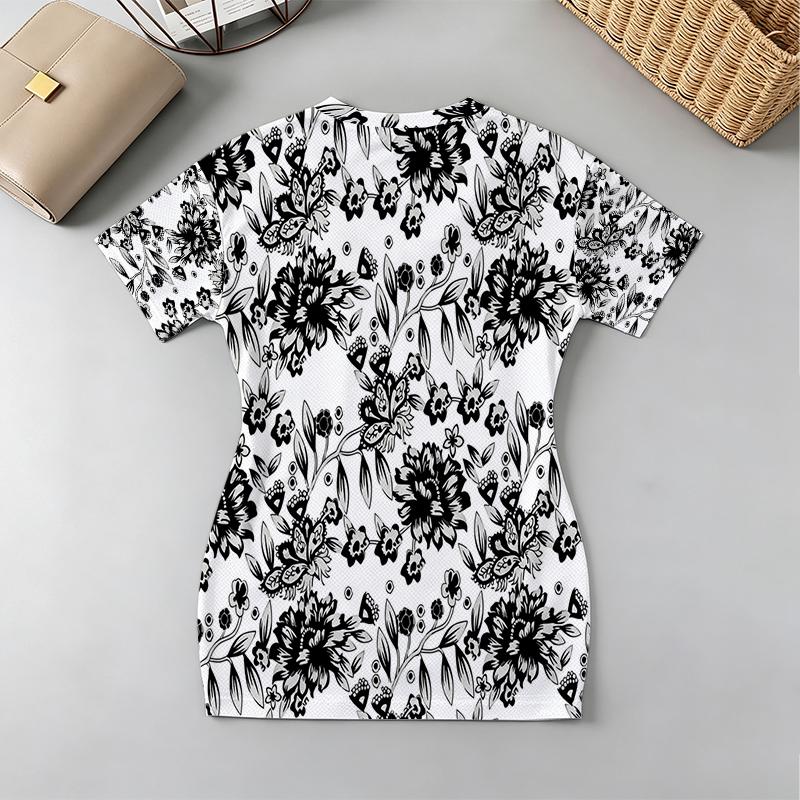 Women's V-Neck Short Sleeve Fitted Mini Dress, Black & White Soft Fabric, Casual for Beach Vacation, Daily Wear & Short Trips