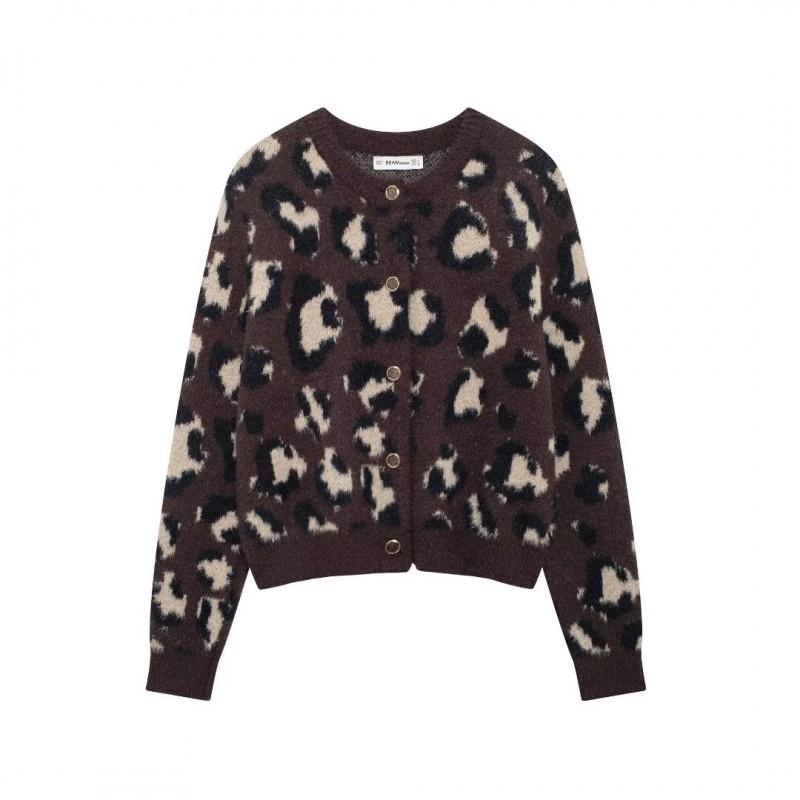 Womens Round Neck Animal Print Faux Fur Knit Coat Streetwear