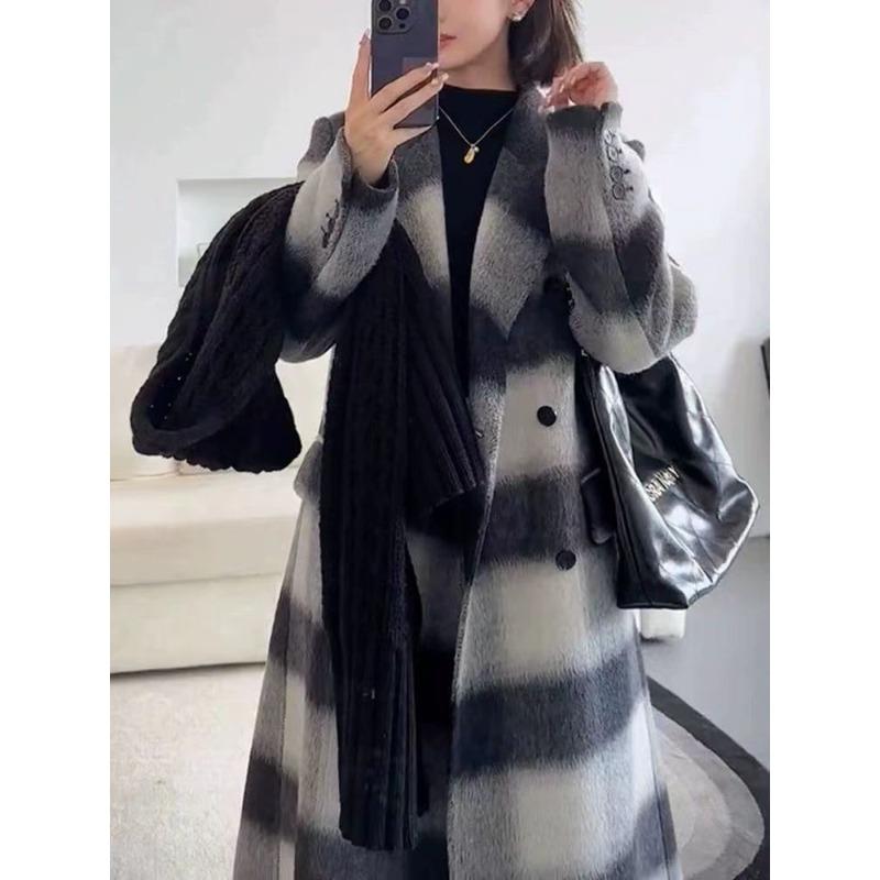 Новое осенне-зимнее клетчатое двухстороннее шерстяное пальто длинное корейское свободное повседневное шерстяное пальто