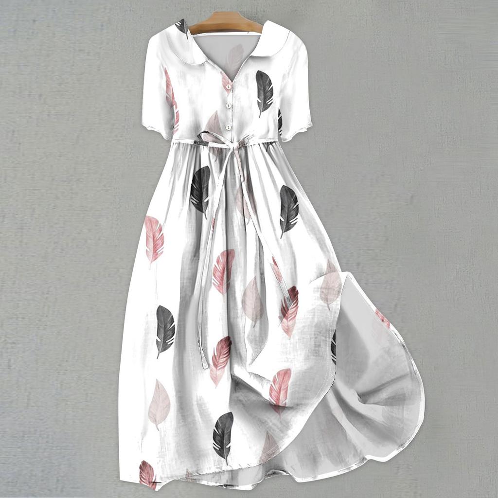 Женская мода повседневное платье с воротником с лацканами и короткими рукавами с принтом и ремнями