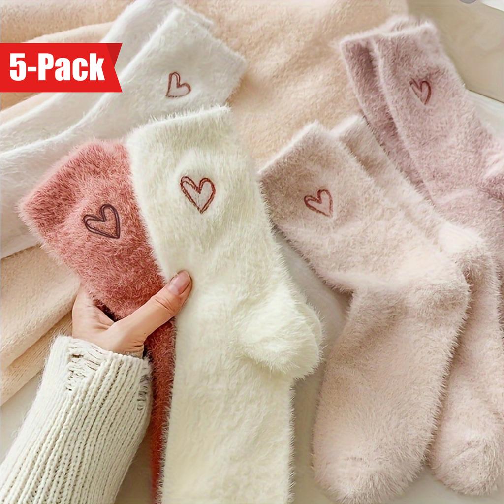 5 Pairs of Cozy Heart-Embroidered Socks - Soft, Fluffy, Mid-Calf Length, Women Autumn Winter Socks | Heart Embroidery Socks | Texture Socks