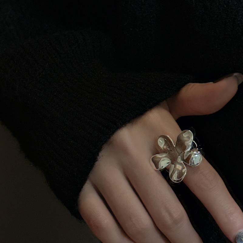 Korean Silver Flower Open Rings For Women Vintage Metal Adjustable Finger Handmade Ring Jewelry Birthday Gift