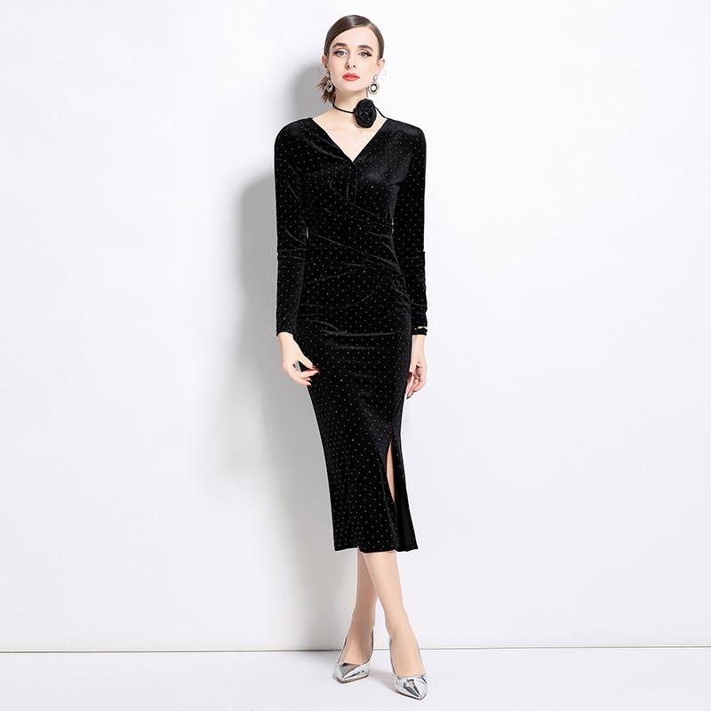 Весна Осень Женские V-образные вырезы Винтаж Черный бархат Тонкий Bodycon Вечерние платья-карандаш
