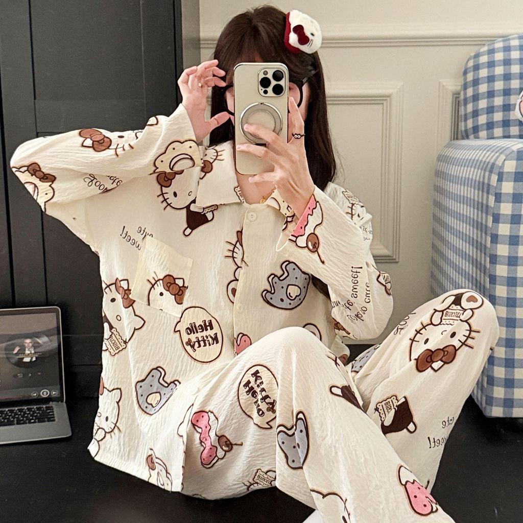 2025 Милый мультяшный женский пижамный комплект - Весенне-осенний кардиган с длинными рукавами и брюки