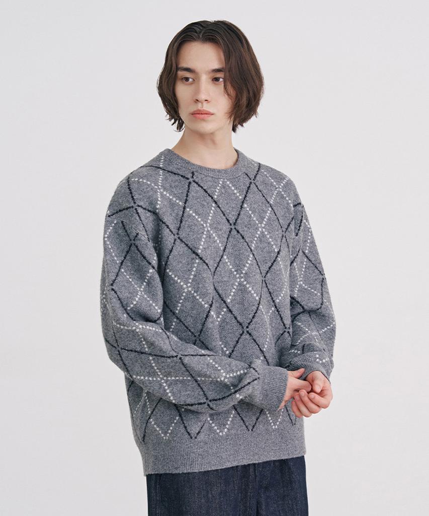 ADHOC Men'S Round Neck Argyle Oversized Knit (M-Grey) (Hbalk05)