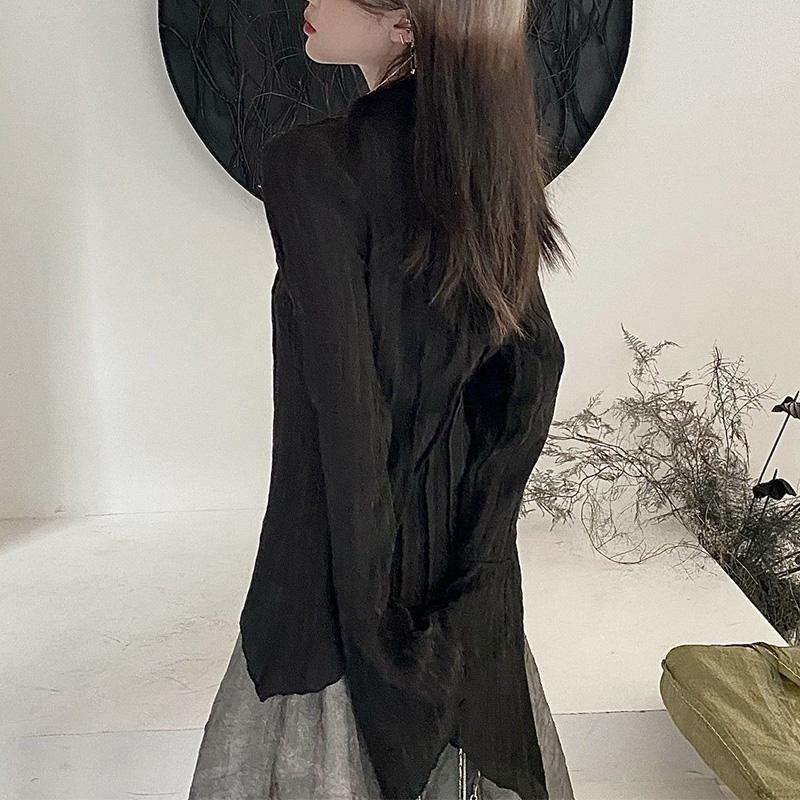 Черные рубашки для женщин, плиссированная блузка на пуговицах, готический стиль, тонкий топ с длинными рукавами, модная винтажная женская одежда Y2k, большие размеры