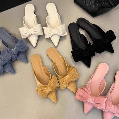 Модные SUOJIALUN 2025 Весна Новые Брендовые Женские Тапочки Модный Бант Слипоны Мюли Обувь Плоский Каблук Уличные Платье Шлепанцы Сандалии