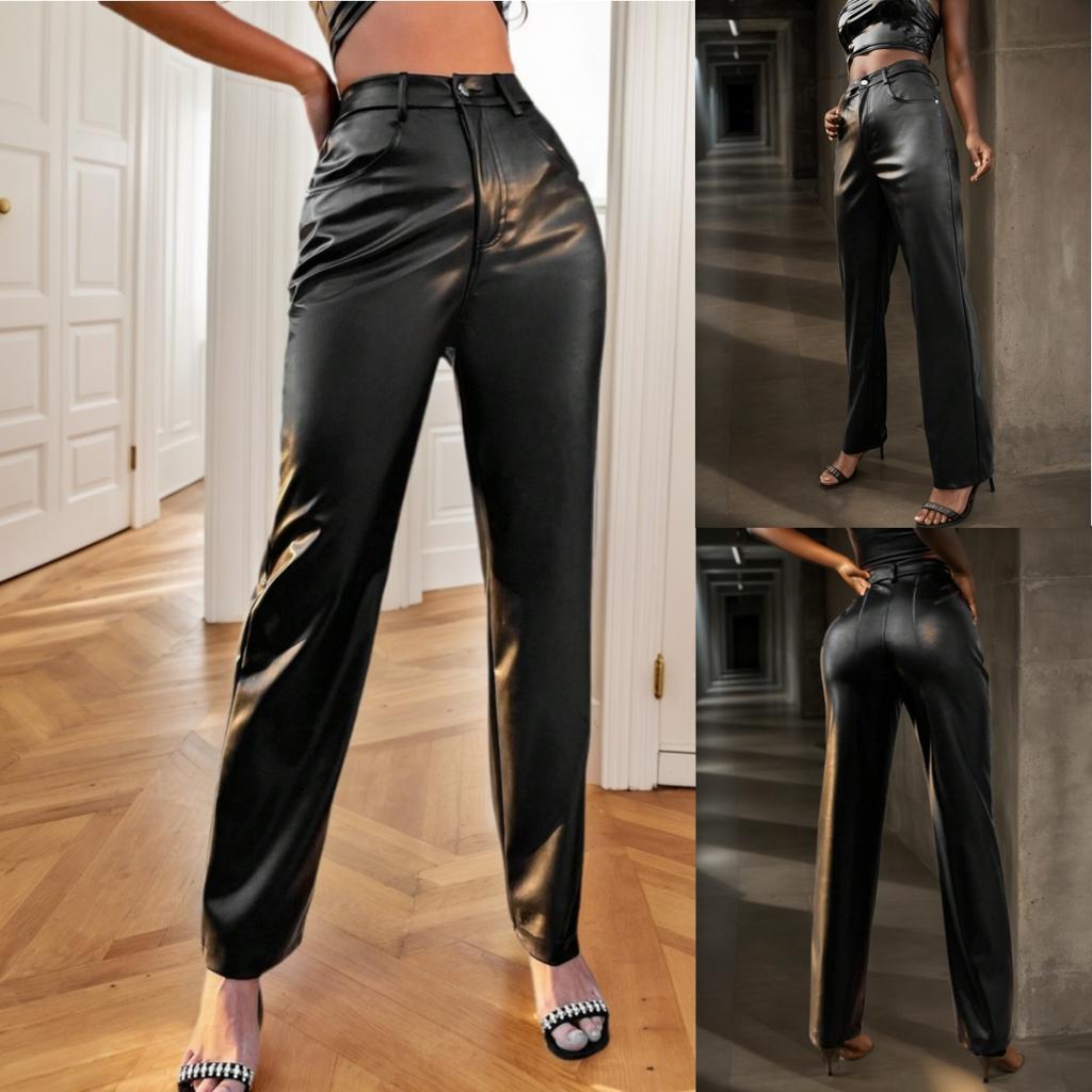 Rose Beauty A High Waist Solid Black PU Leather Pants Women Elastic Pencil Skinny Tight Pants