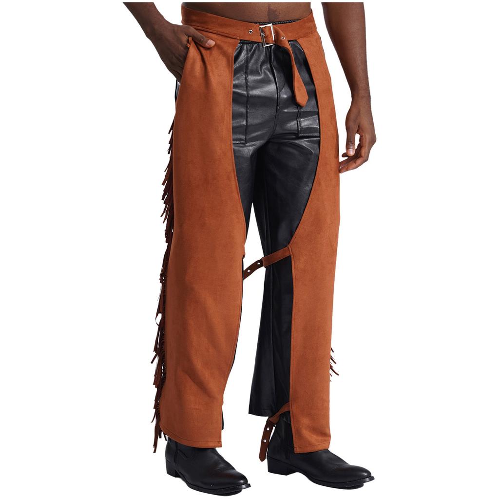 Мужские ковбойские брюки из замши с бахромой и открытым шаговым швом для костюмированной вечеринки на Хэллоуин