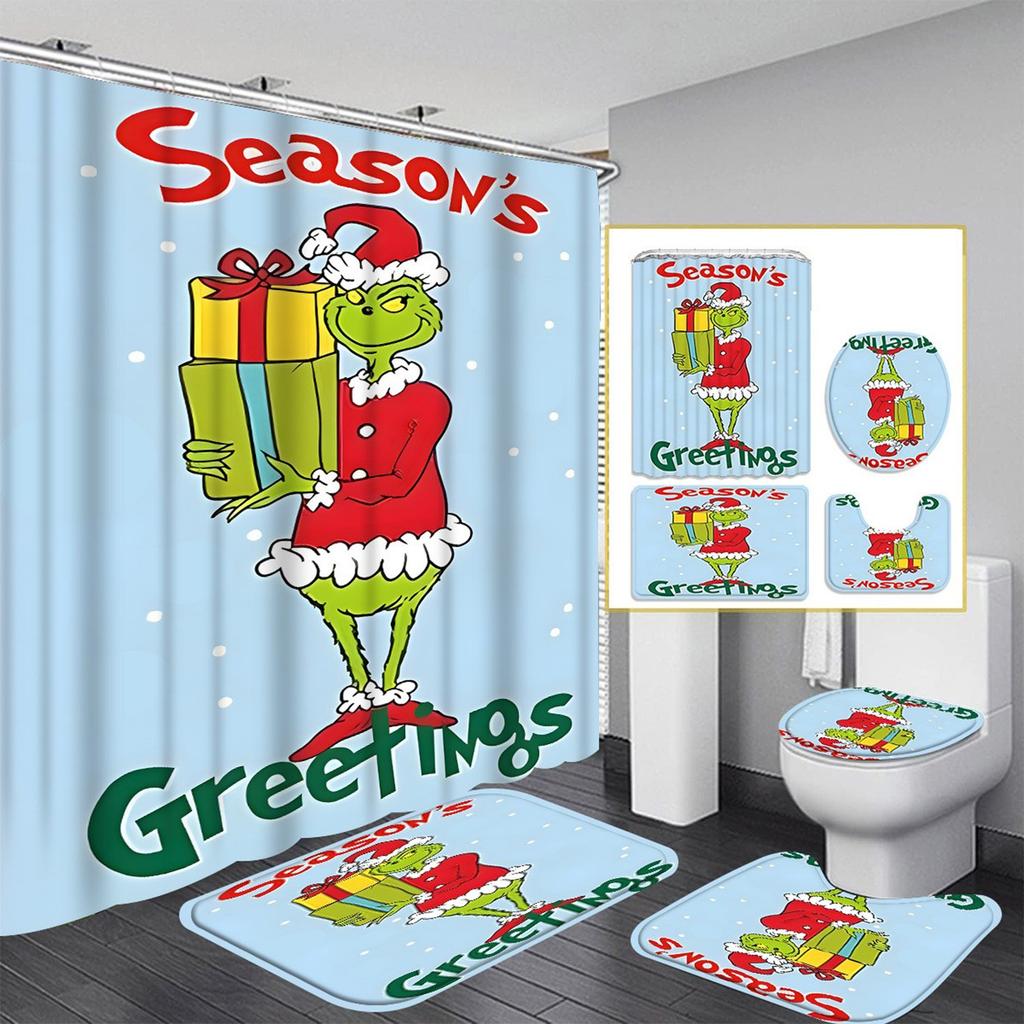 Рождественский узор с зелеными волосами Набор из четырех предметов для занавески для душа с 12 крючками Полиэстеровая водонепроницаемая занавеска для душа.