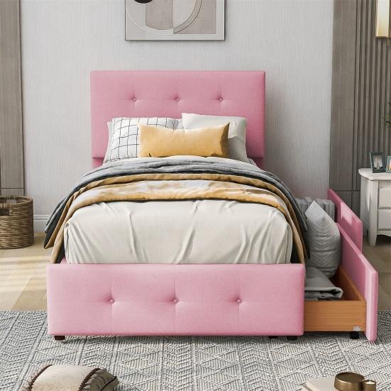 Children Bed 99x210cm Velvet Fabric Kids with Adjustable Headboard 2 Drawers Single Ergonomic Design Strong Wood Slat Support Home Furniture