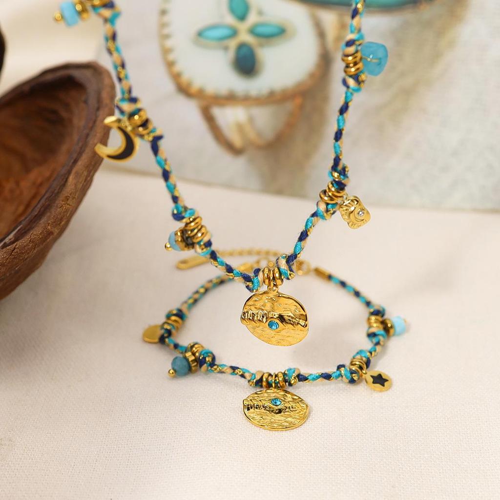 Bohemian French Retro Jewelry Set: Colorful Cotton Rope Necklace & Braided Bracelet