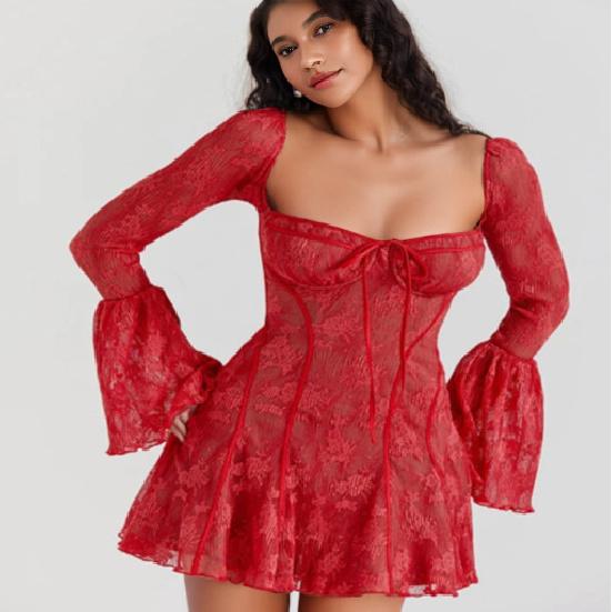 Изящное и модное облегающее кружевное платье-клеш с длинными рукавами и завязками