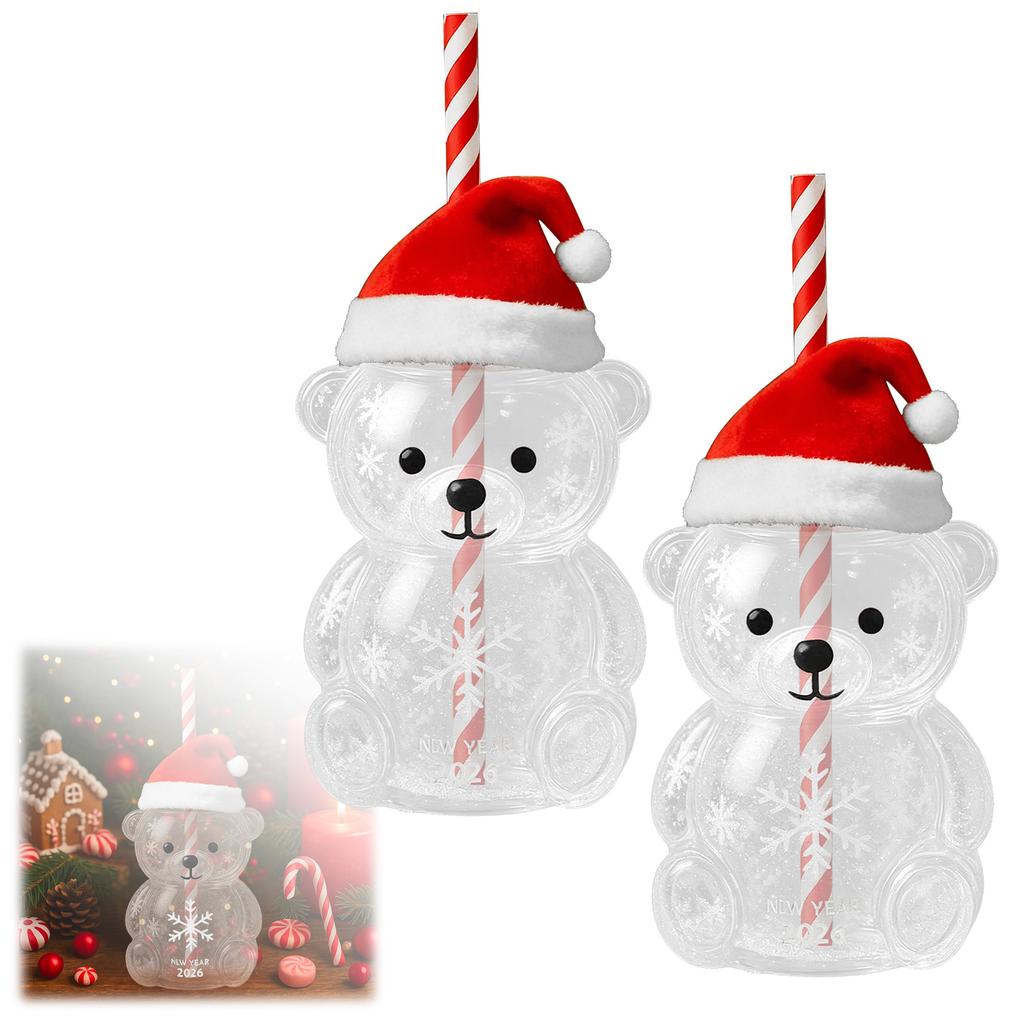 Кружка с соломинкой из стекла в форме медведя: Милый прозрачный дизайн, зеленая шляпа, стакан для воды