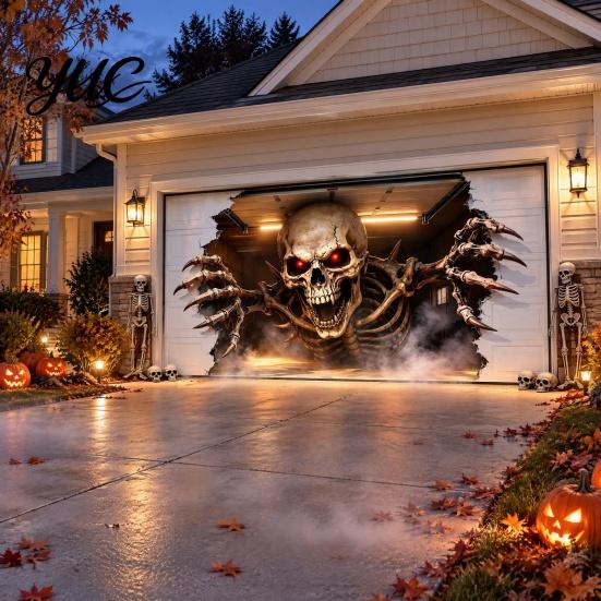 Outdoor Holiday Party Supplies Halloween Garage Door Cover, Large 3D Illusion Skeleton Breaking Through Wall Banner, Waterproof Polyester Banner