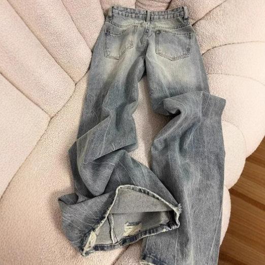 Washed light blue wide-leg ripped street jeans autumn and winter new loose straight pants scimitar wide-leg