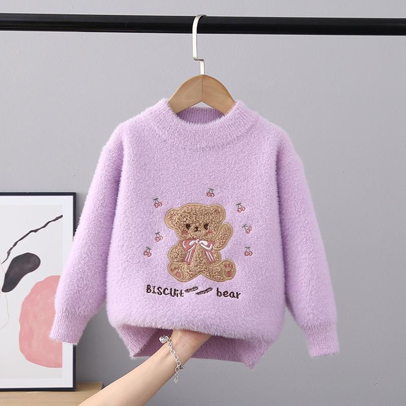 Child Sweater Autumn Winter Pullover Tops Girls Round Neck Sweaters Velvet Cartoon Long Sleeve Knitted Shirt