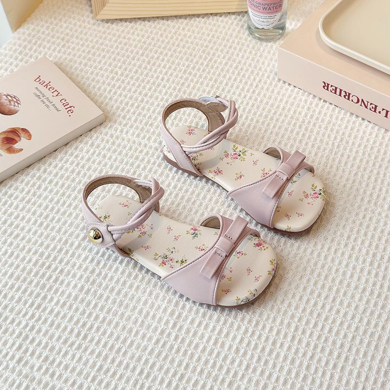 Children's Floral Flat Sandals Summer New Korean Style Girls' Bow Strap Princess Shoes to Match Dresses