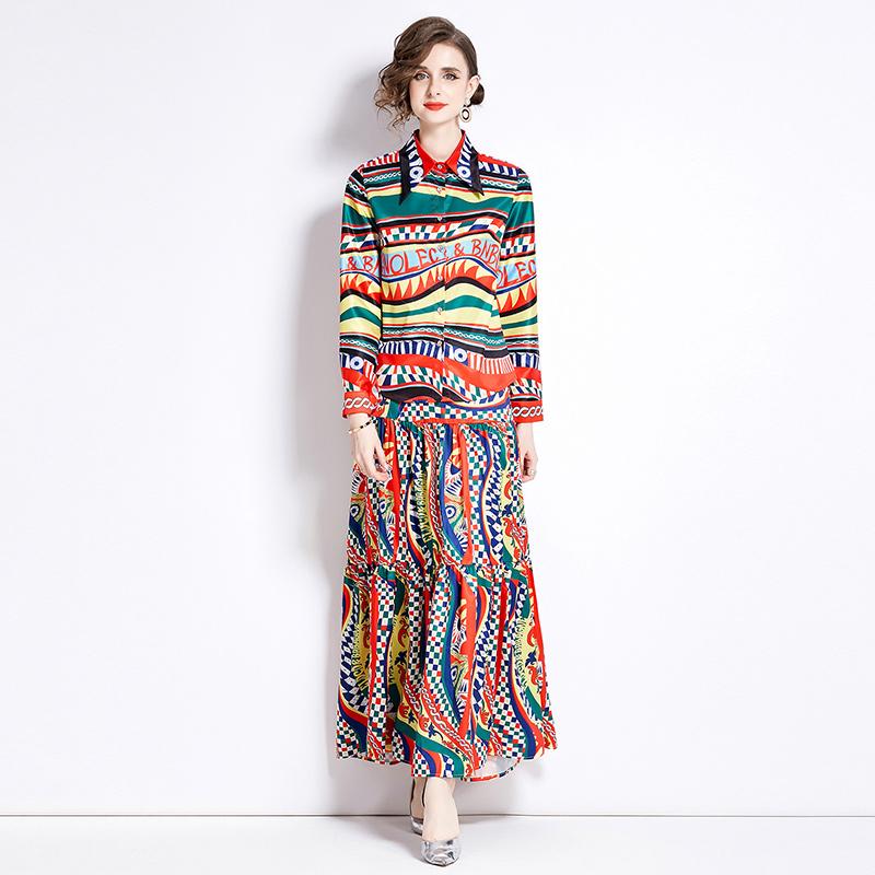 Spring Autumn Women European Designer Print Runway Outfits Full Sleeve Lapel Shirt Tops and Long Maxi Skirt Two Piece Set