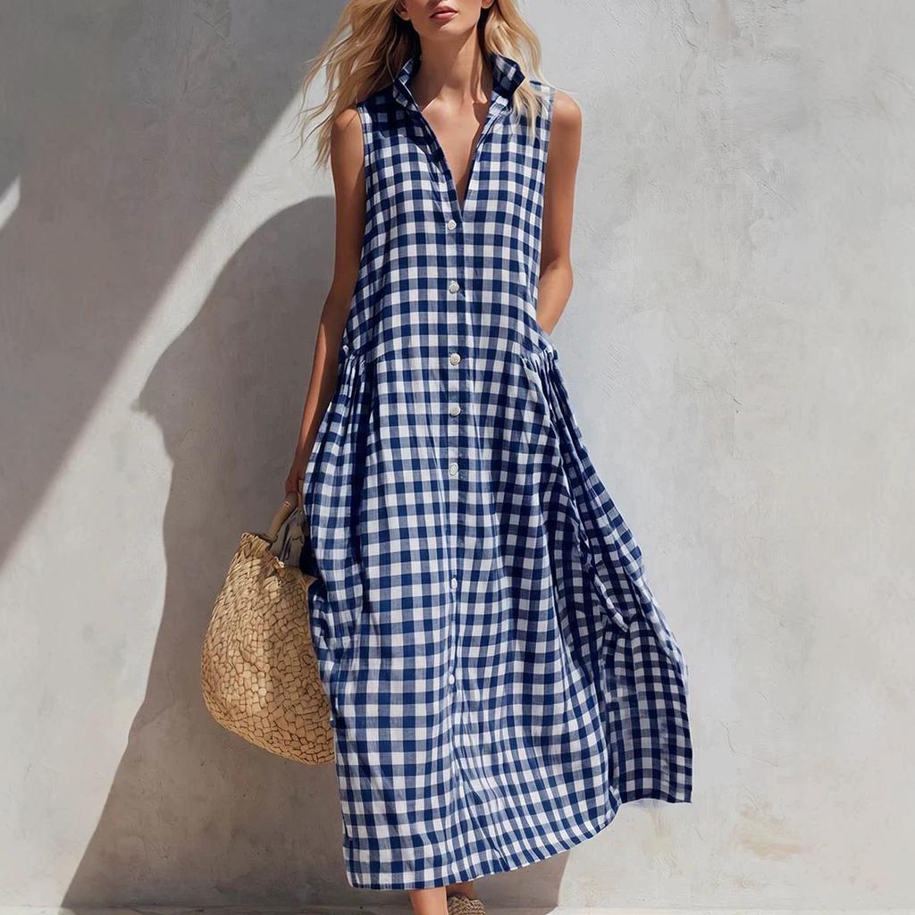 Women's Collar Sleeveless Loose Straight Waist Gingham Plaid Button Front Maxi Dress Beach Vacation Sundress