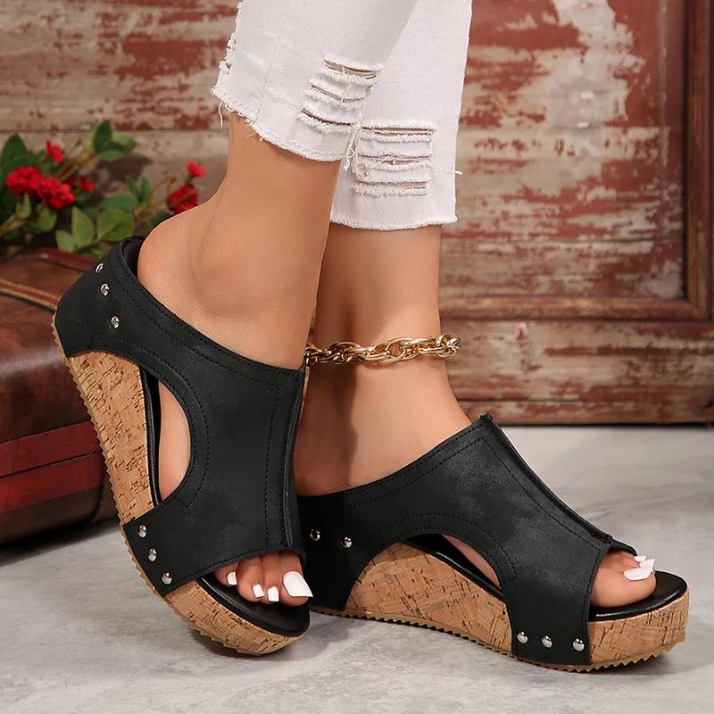 Fashion Vintage Wedge Heeled Sandals Women Peep Toe Pu Leather Thick Sole Slippers Woman Summer Comfort Platform Sandalias Mujer 2025