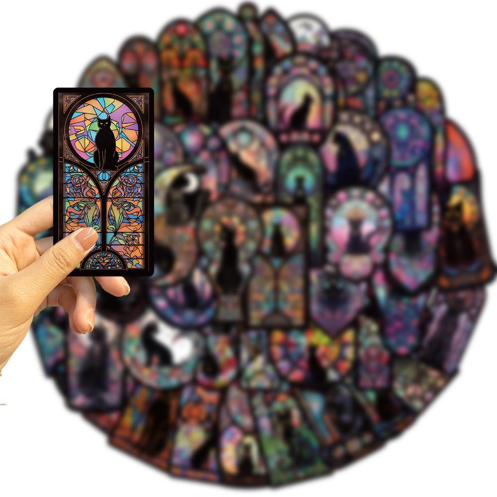 Красочные мультяшные готические наклейки с черным котом и мотивами цветов и окон - набор из 10 или 50 штук для DIY проектов, багажа и многого другого