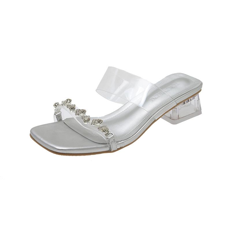 2024 Новые летние уличные тапочки женские стразы фея стиль с юбкой толстый каблук прозрачный кристалл и сандалии