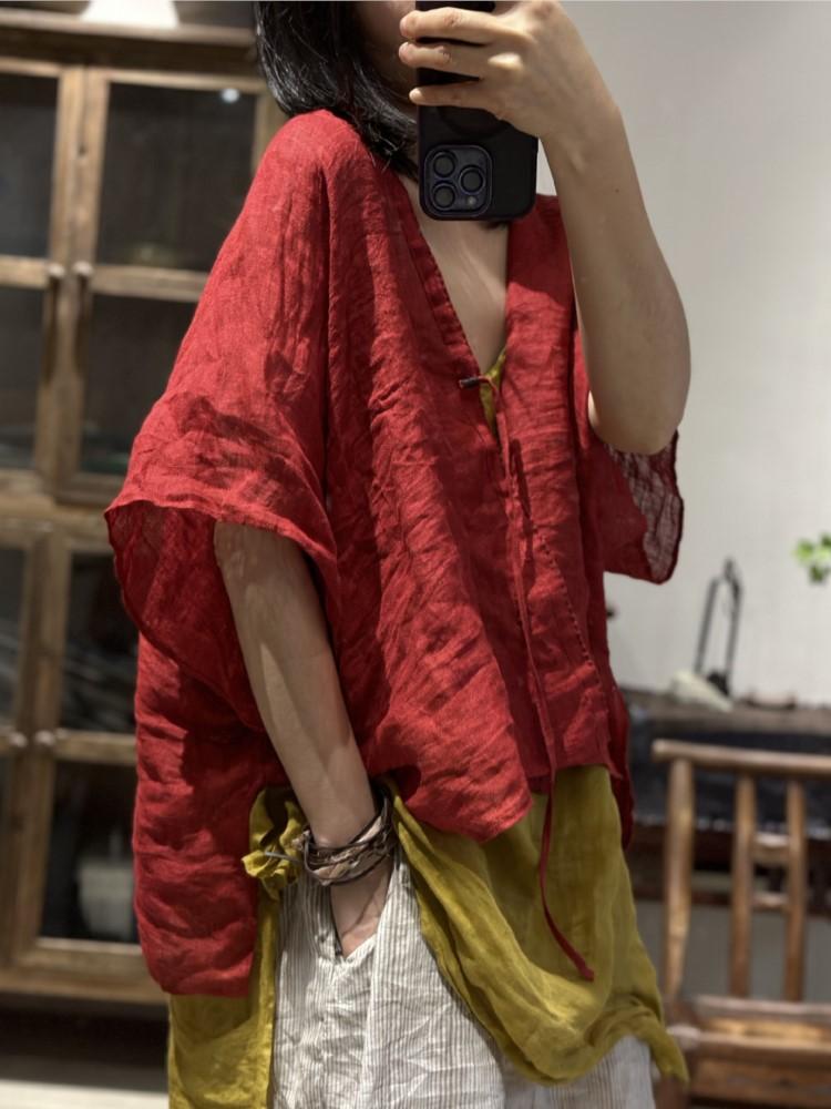 Johnature Женские винтажные льняные летние рубашки, сплошной цвет с поясом, топы в китайском стиле, блузки с короткими рукавами и v-образным вырезом, свободная рубашка
