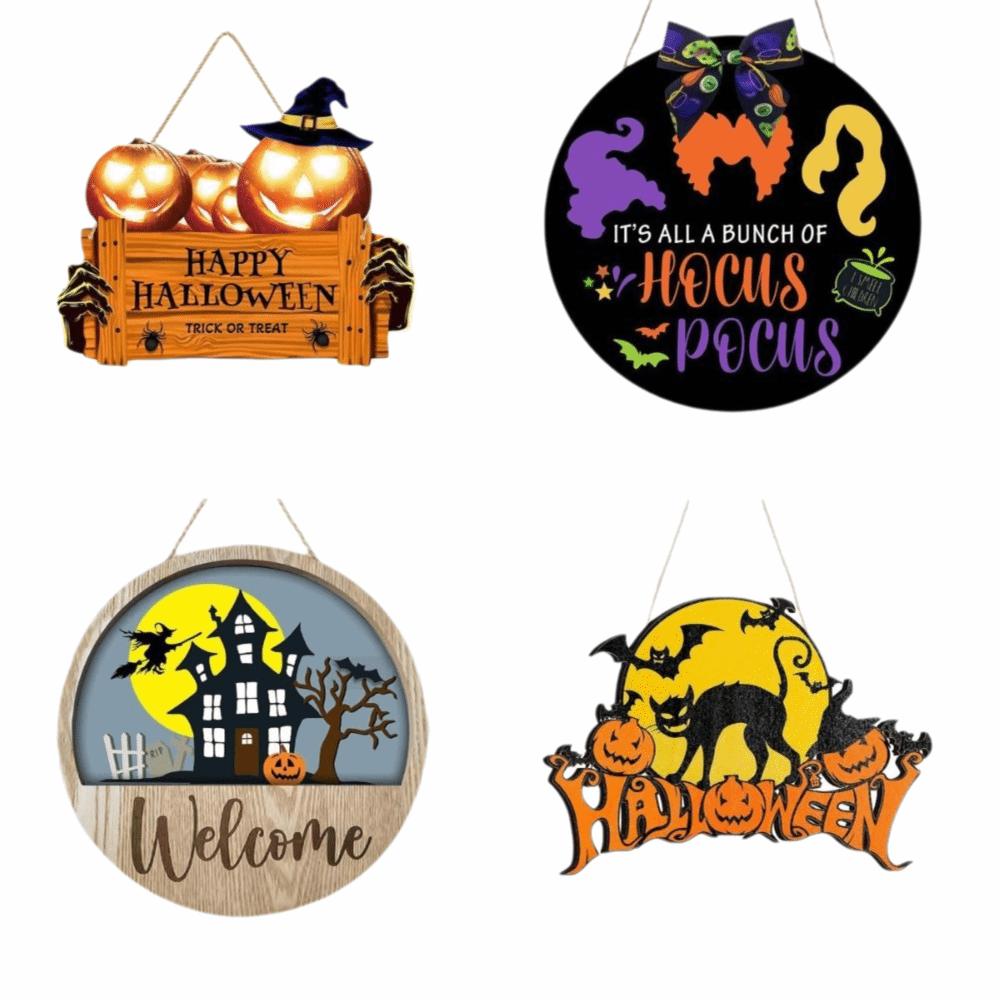 2D Halloween Wooden Sign Spooky Ghost Pumpkin DIY Halloween Wood Ornament with Rope Halloween Welcome Sign Garden Hanging Decor