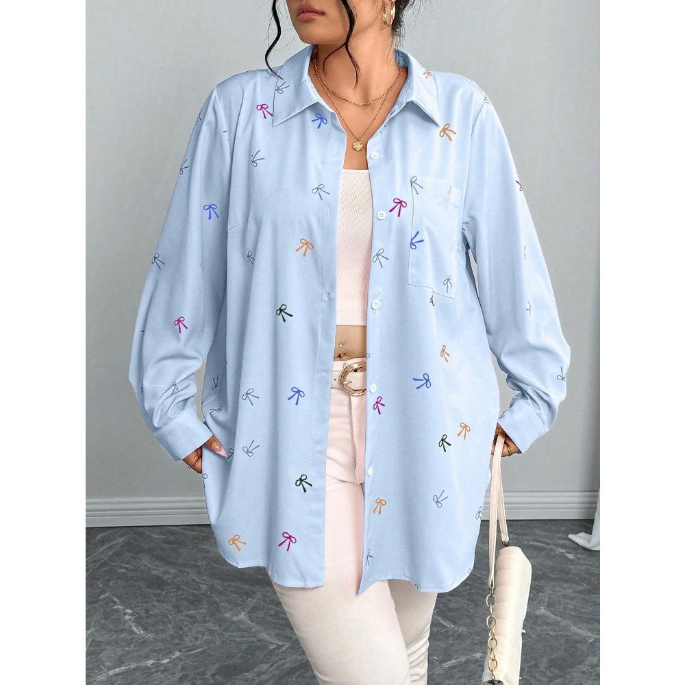 Новая женская рубашка-куртка большого размера, осенняя свободная повседневная рубашка с длинным рукавом и принтом в виде банта