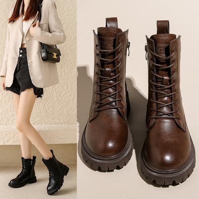 Короткие сапоги Женские удобные одинарные сапоги в британском стиле на плоской подошве Универсальные короткие сапоги из бархата в стиле ретро на толстой подошве