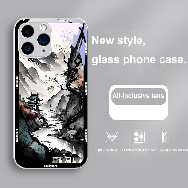 Китайская пейзажная живопись для iPhone 16 Plus 15 14 13 12 Mini 11 Pro Max X XS XR 7 8 Plus 2022 Закаленное стекло Чехол для телефона