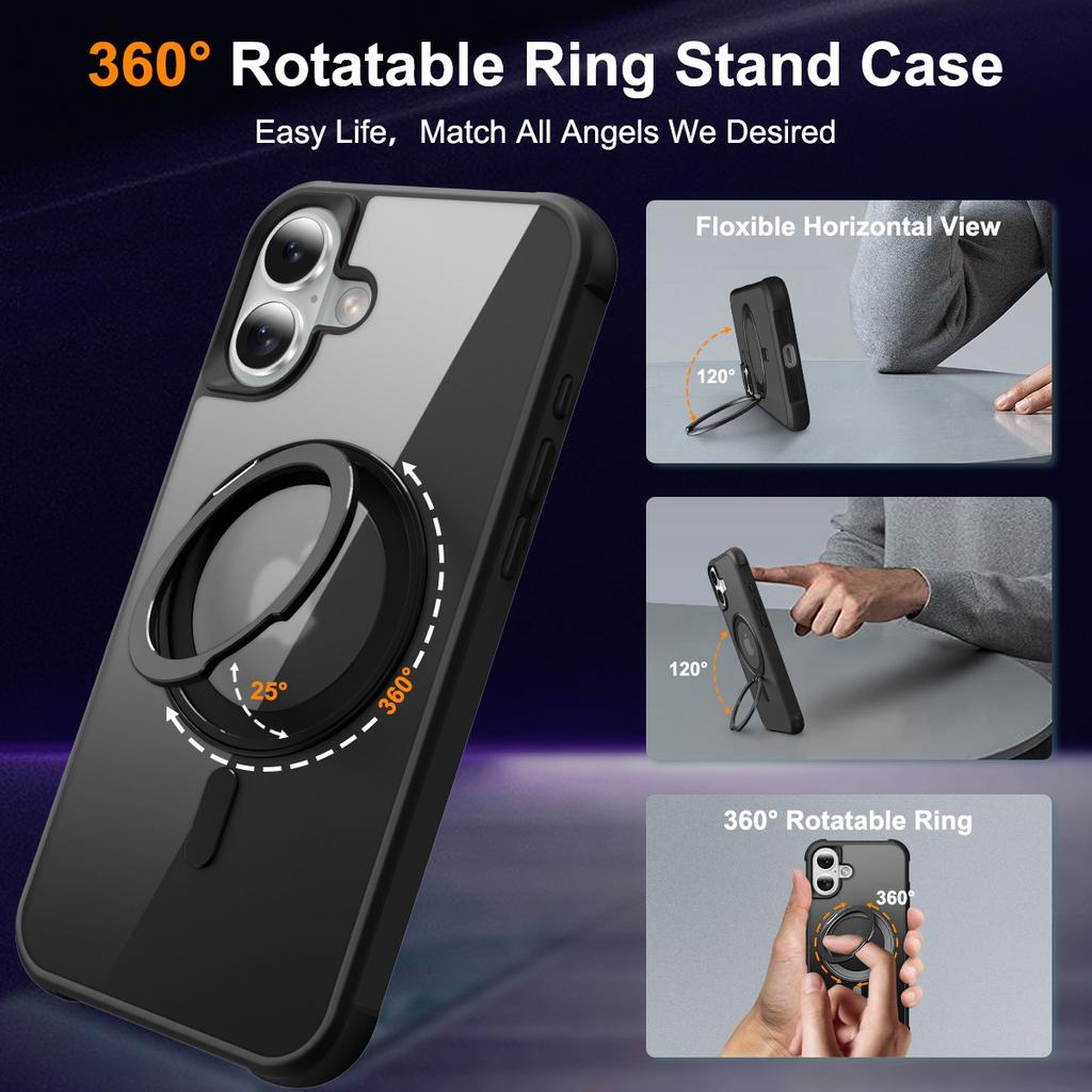 For iPhone 16 Plus Case Compatible with MagSafe Rotatable Ring Kickstand TPU+PC Phone Cover