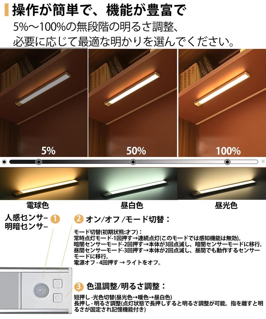 ZHOUMIN Motion Sensor Light, Indoor, Rechargeable LED Bar Light [Stepless Dimming & High-Sensitivity Sensor  3 Color Switching  Type-C Charging 