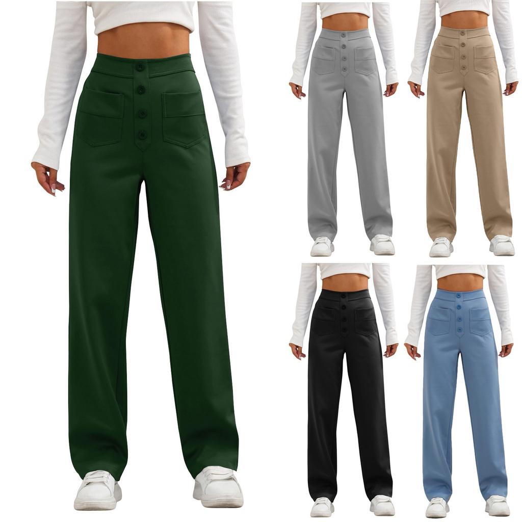 Женские повседневные прямые брюки с высокой талией и пуговицами, эластичные деловые рабочие брюки с несколькими карманами
