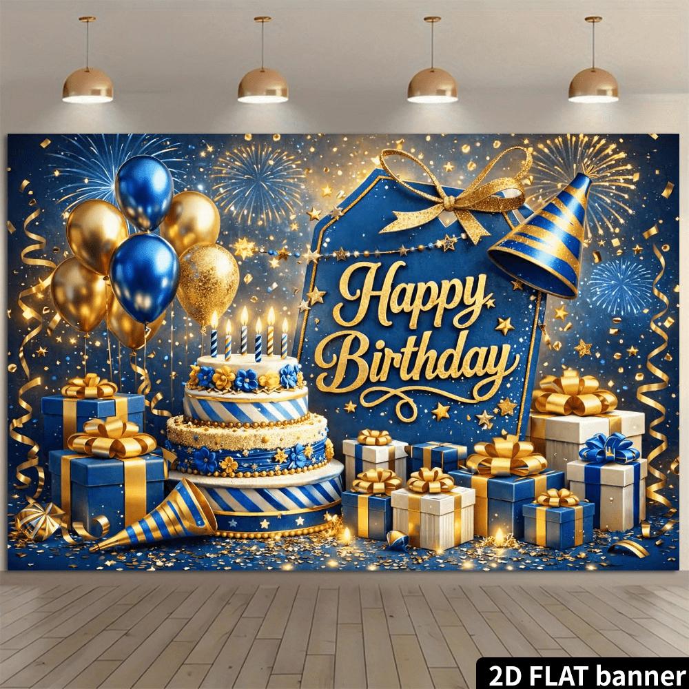 2D planar dark blue gold luxurious birthday party backdrop with the center featuring the golden "Happy Birthday" text.zyc