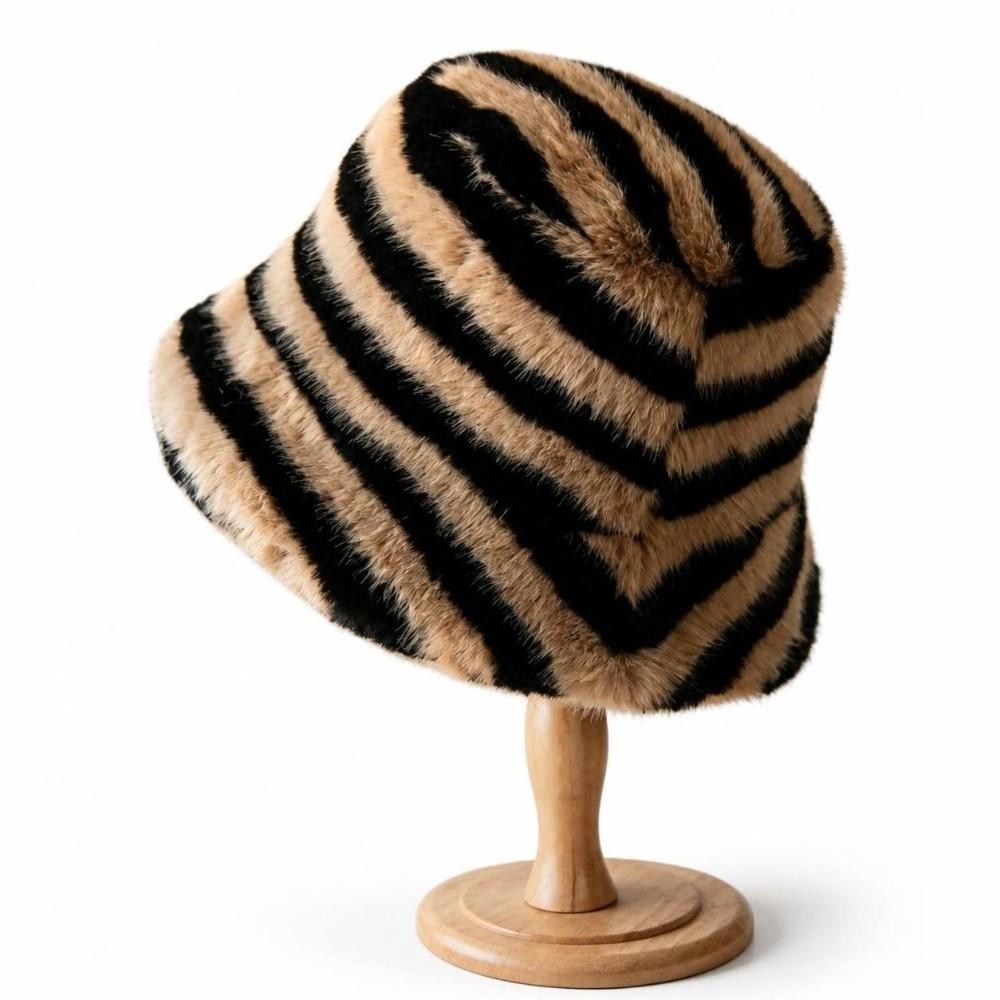 Fluffy Winter Bucket Hat Zebra Pattern Basin Hat New Striped Fisherman Hat