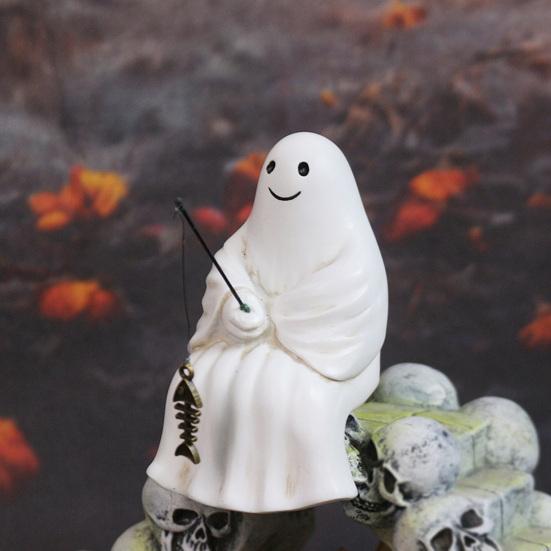 Хэллоуин Скульптура Синтетическая смола Скелет Рыбак Статуя Мини Привидение Рыбалка Пруд Садовое украшение