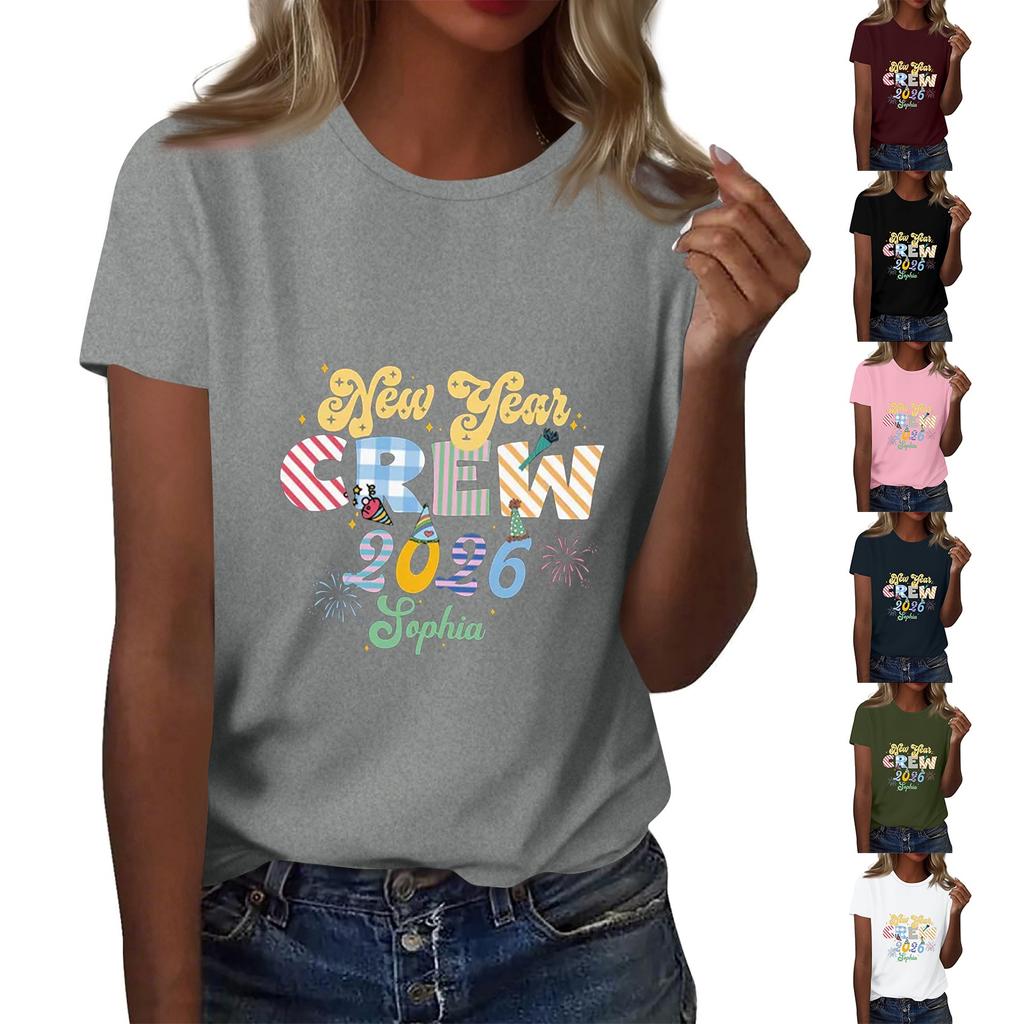 Women's Fashion 2026 New Year Printed Round Neck Short Sleeve Top