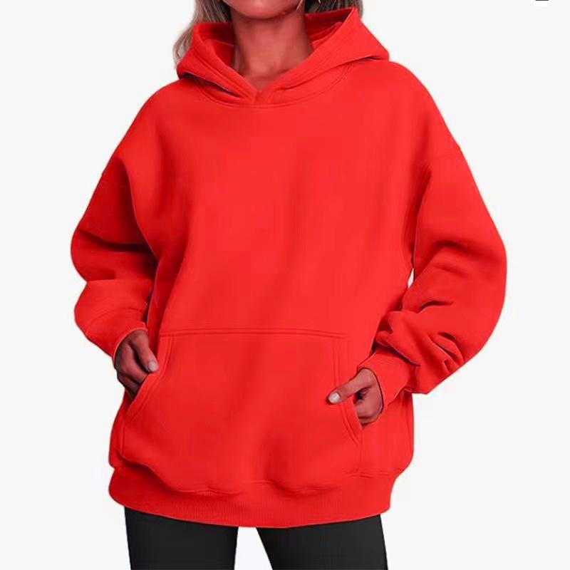 Women's Solid Color Fleece Hooded Sweatshirt - Autumn/Winter, Long Sleeve, Street Hip-Hop Style, Loose Fit, with Pockets.
