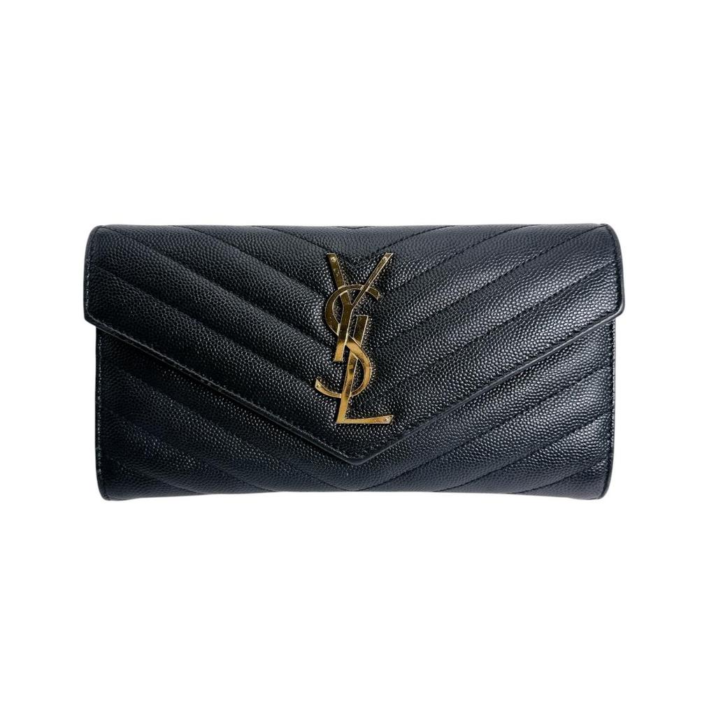 SAINT LAURENT Cassandra Button type Long Wallet purse leather black unisex Used